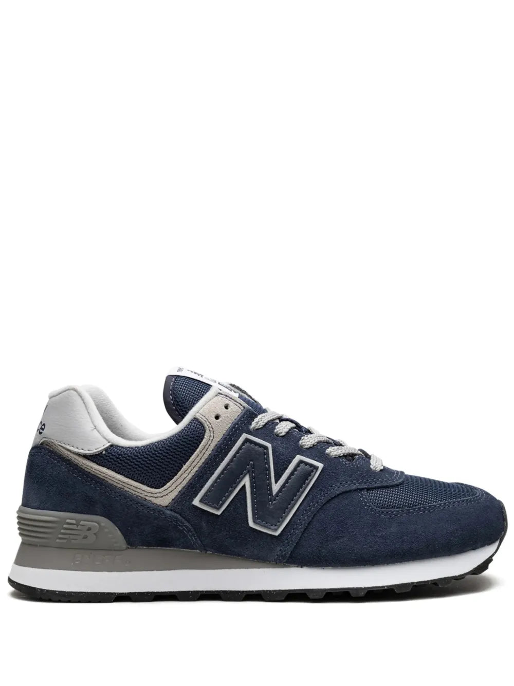 New Balance 574 navy suede sneakers with N logo, lace-up, white sole