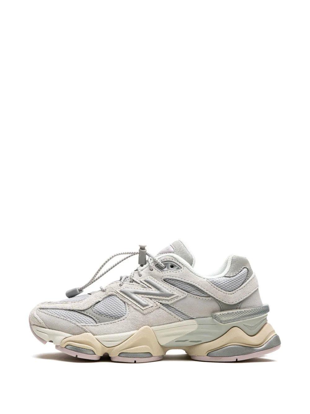 Light grey lace-up sneakers, side profile with mint and tan midsole and cushioned sole unit