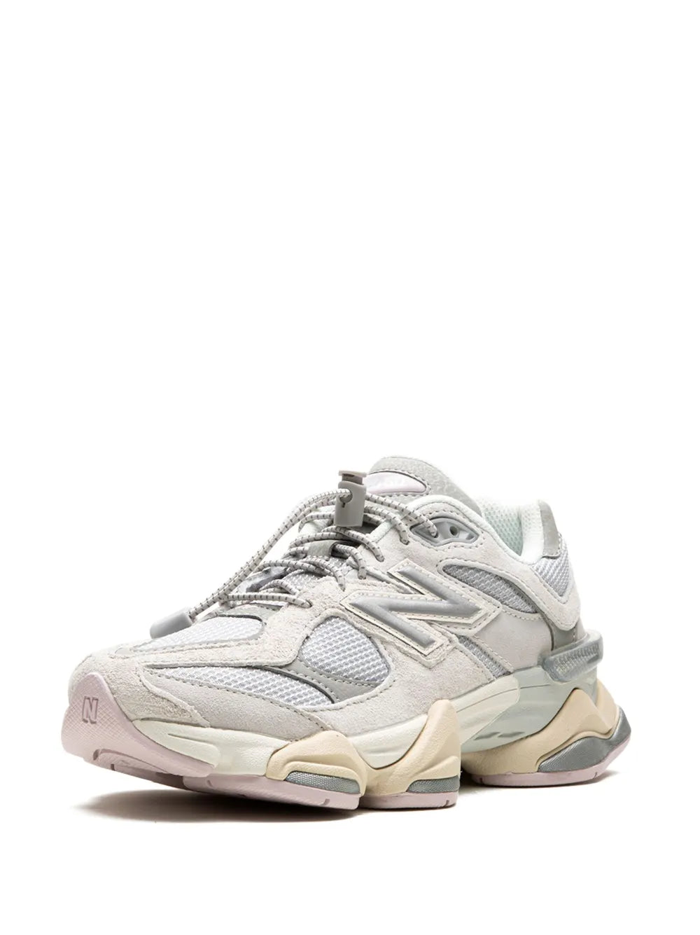 Light grey lace-up sneakers, front 3/4 view with cushioned midsole and multicolor accents