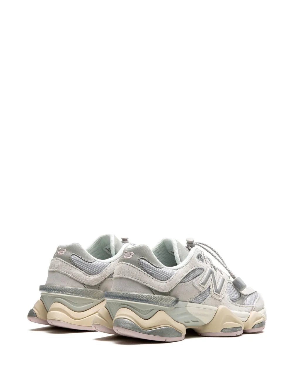 Light grey lace-up sneakers, heel and side view with mint overlays and tan midsole