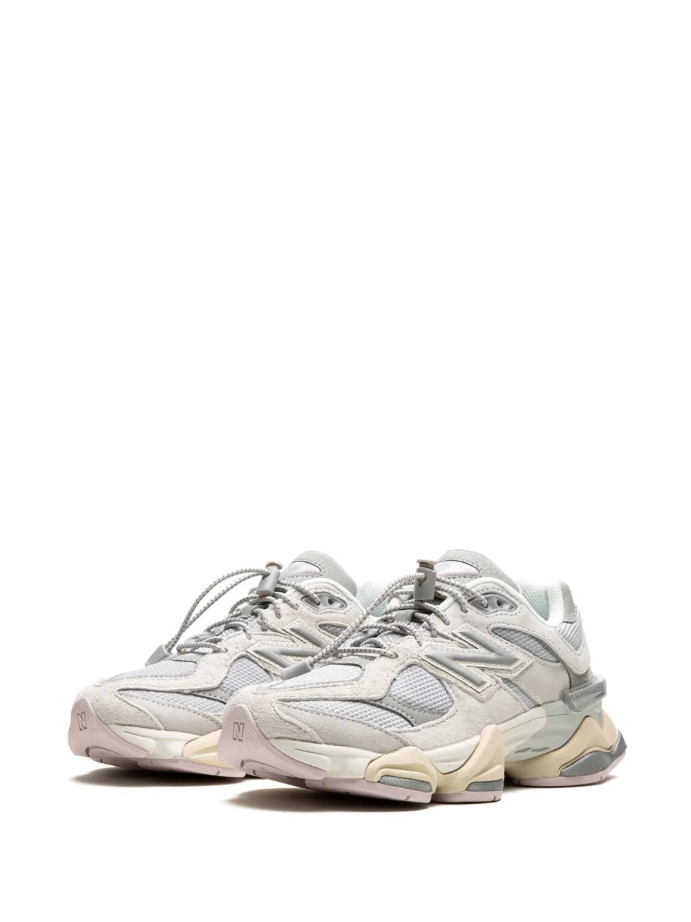 Light grey lace-up sneakers, angled pair view with multicolor sole and N-style logo