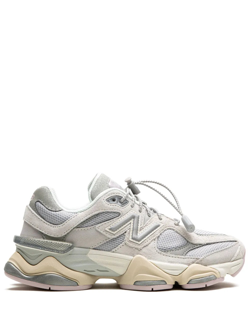 Light grey lace-up sneakers with layered side panels and beige, mint, and tan soles