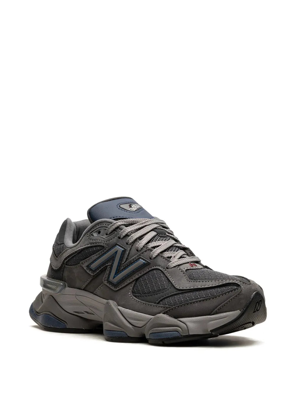 Grey lace-up suede sneaker with blue accent logo and cushioned midsole