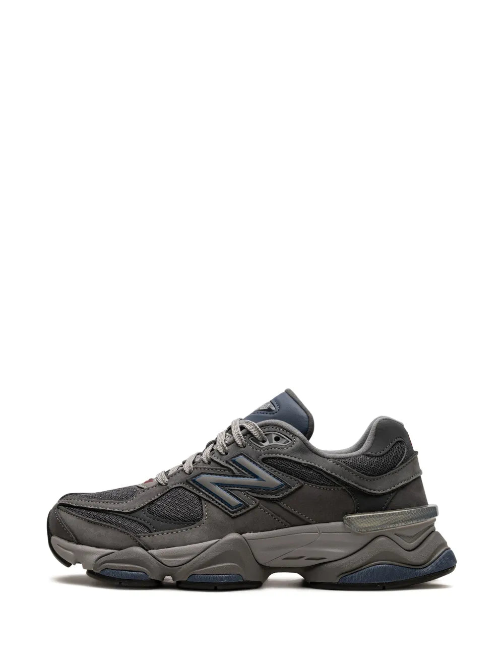 Grey suede lace-up sneakers with blue trim and sporty chunky sole