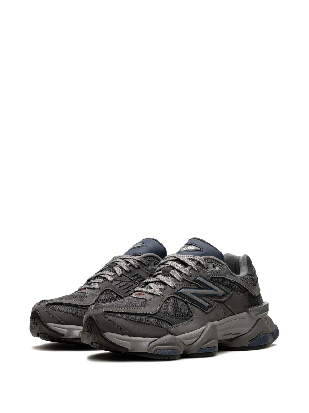 Pair of grey panelled suede New Balance sneakers, lace-up with blue logo