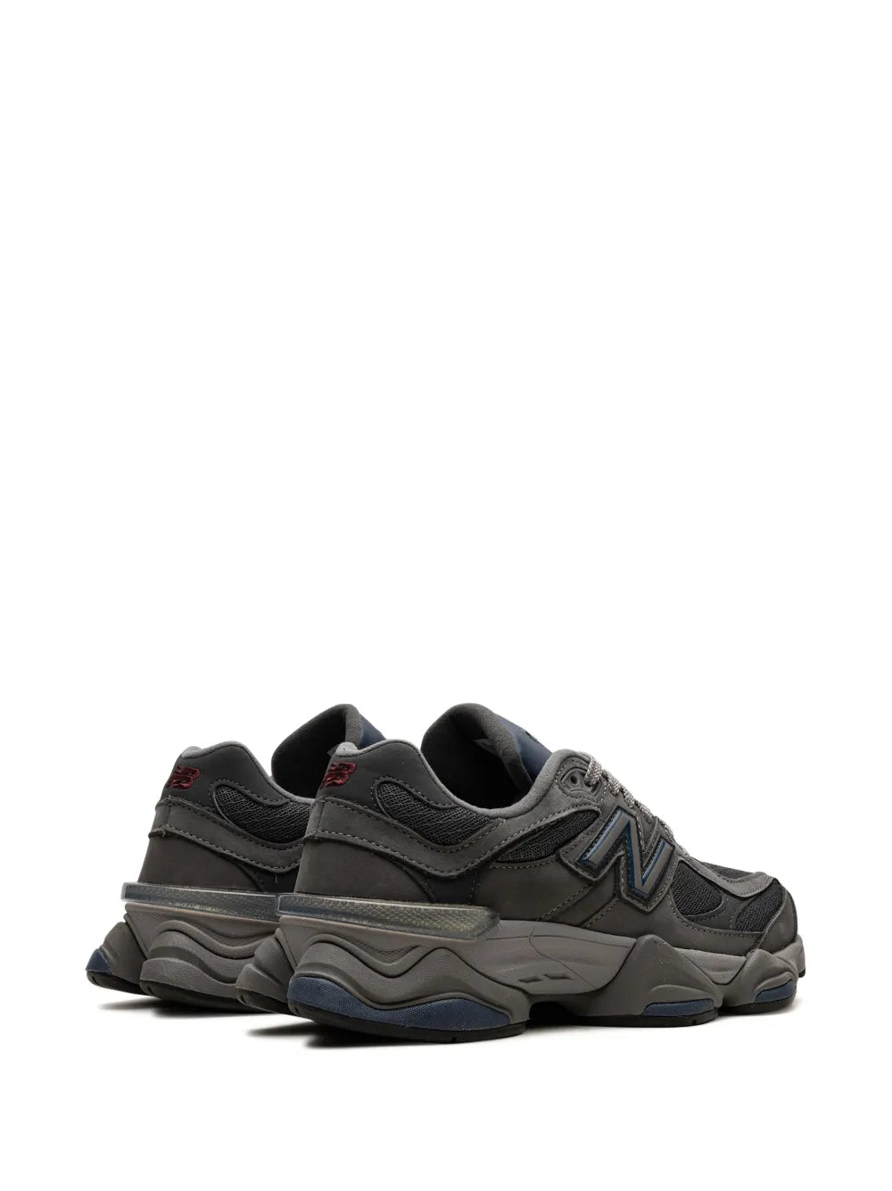 Grey suede sneakers with blue side logo and stacked heel detail