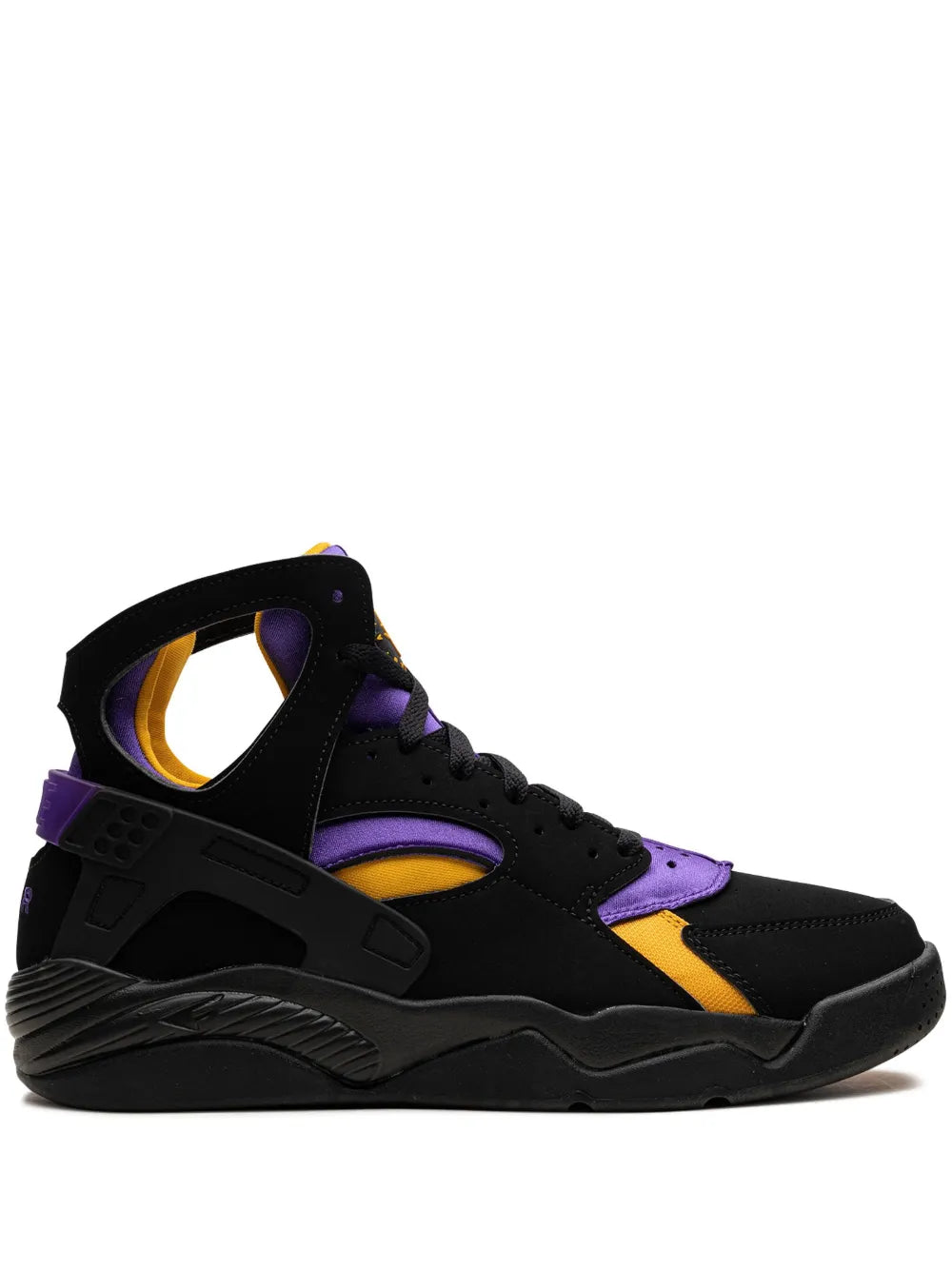 Nike mid-top sneakers, black with purple and orange accents, lace-up
