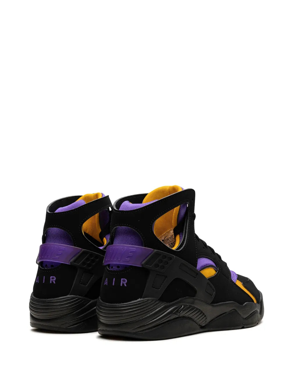 Nike mid-top sneakers heel view, black with purple and orange details
