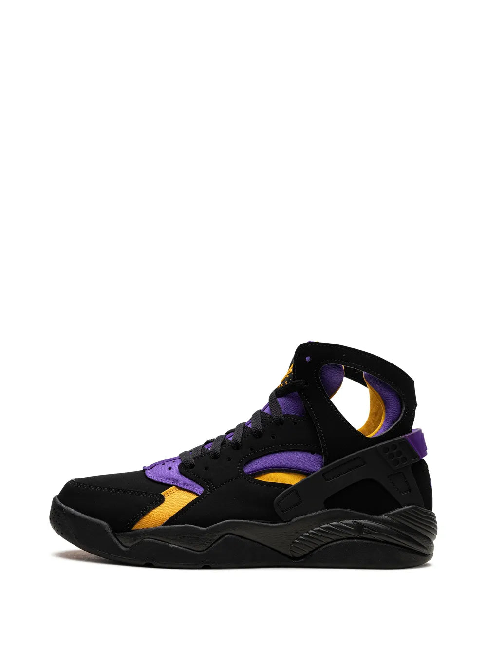 Nike mid-top sneakers front/side view, black with purple and orange accents