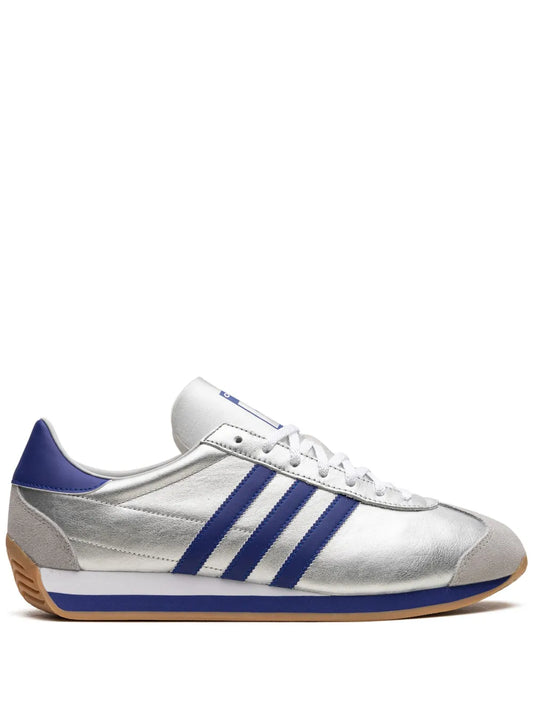 adidas Country OG low-top sneakers, silver leather, blue stripes, tan gum sole