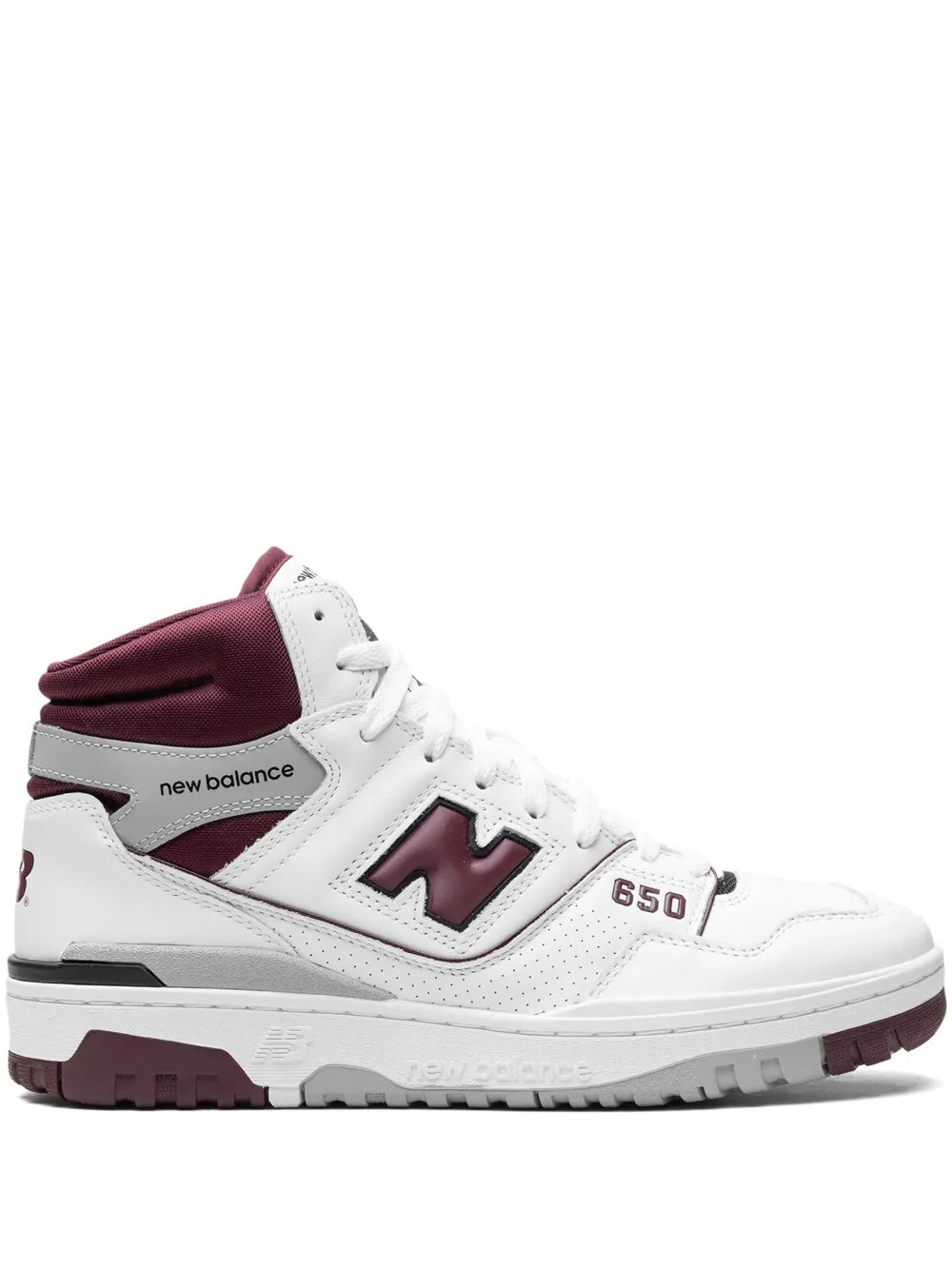 New Balance 650 high-top sneakers in white with burgundy accents and lace-up