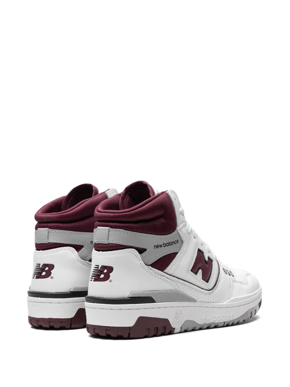 New Balance 650 high-top sneakers, rear view with white leather and burgundy trim