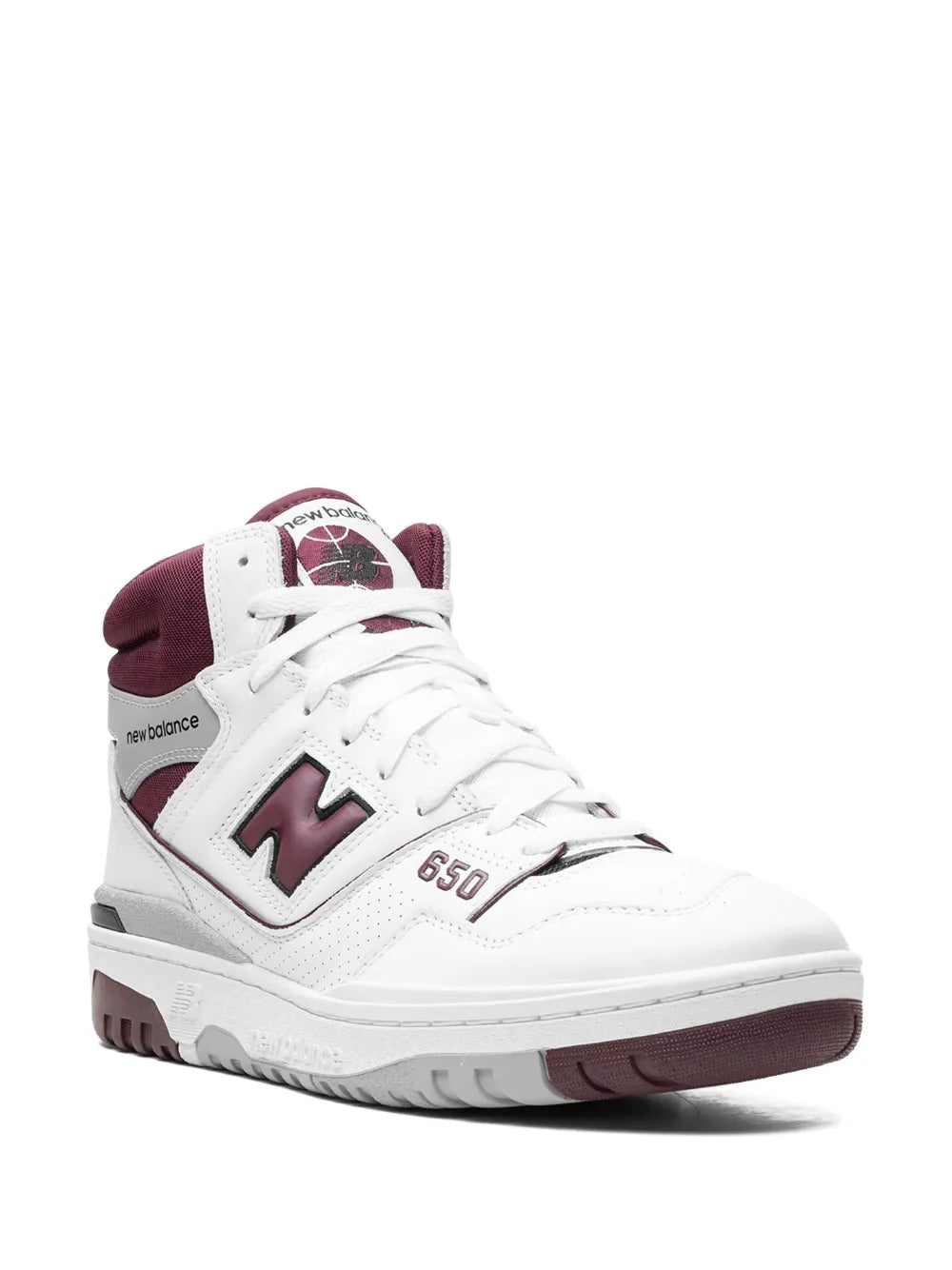 New Balance 650 high-top sneakers, white uppers with burgundy heel and side logo