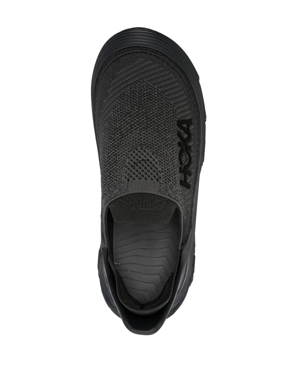 Black slip-on sneaker heel view with knit upper and branded collar