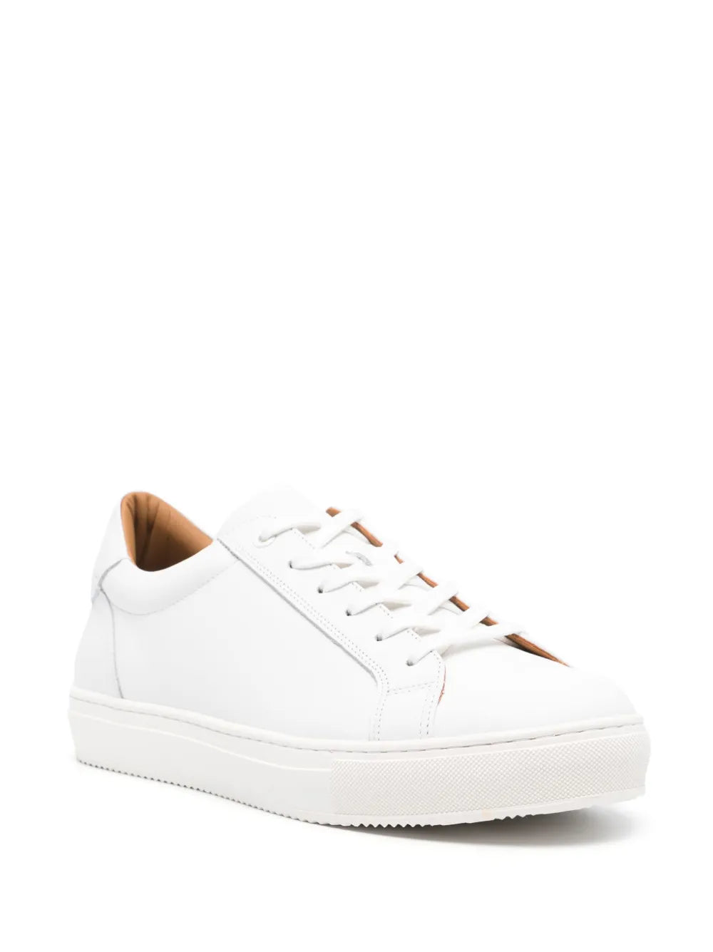 White leather panelled lace-up sneakers, side view, low rubber sole
