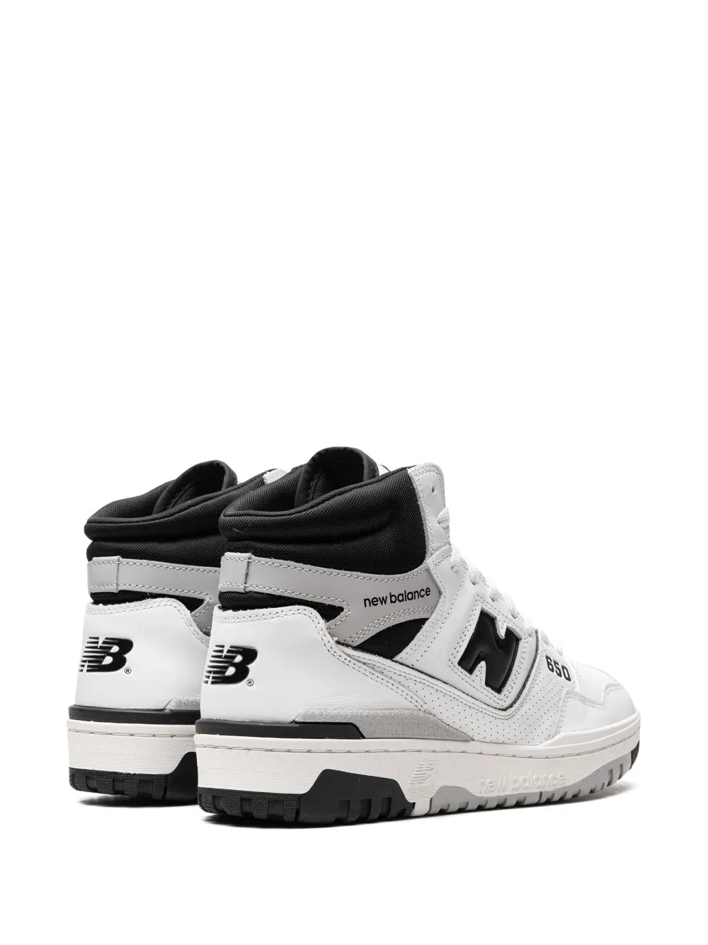 White and black high-top sneakers, heel and side view with New Balance logo
