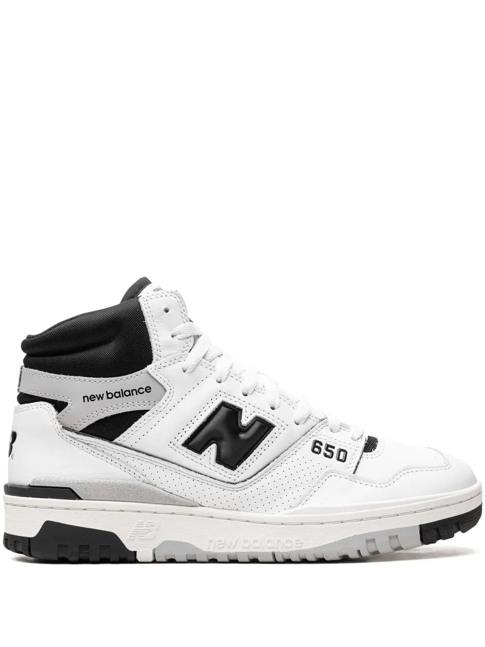 New Balance 650 high-top sneakers in white with black accents, lace-up side view