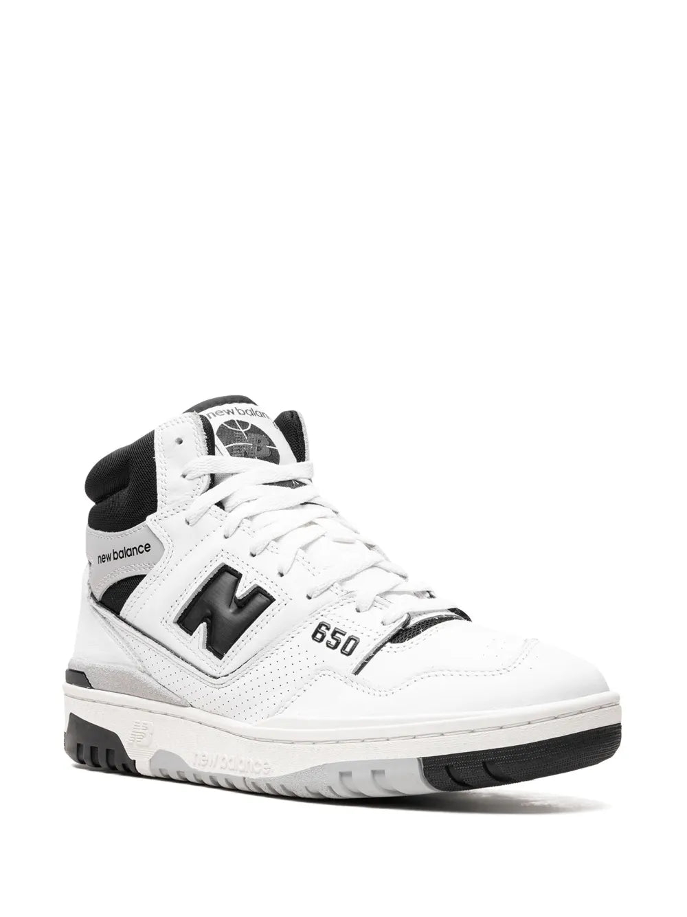 White and black high-top lace-up sneakers, 3/4 front view with 650 logo