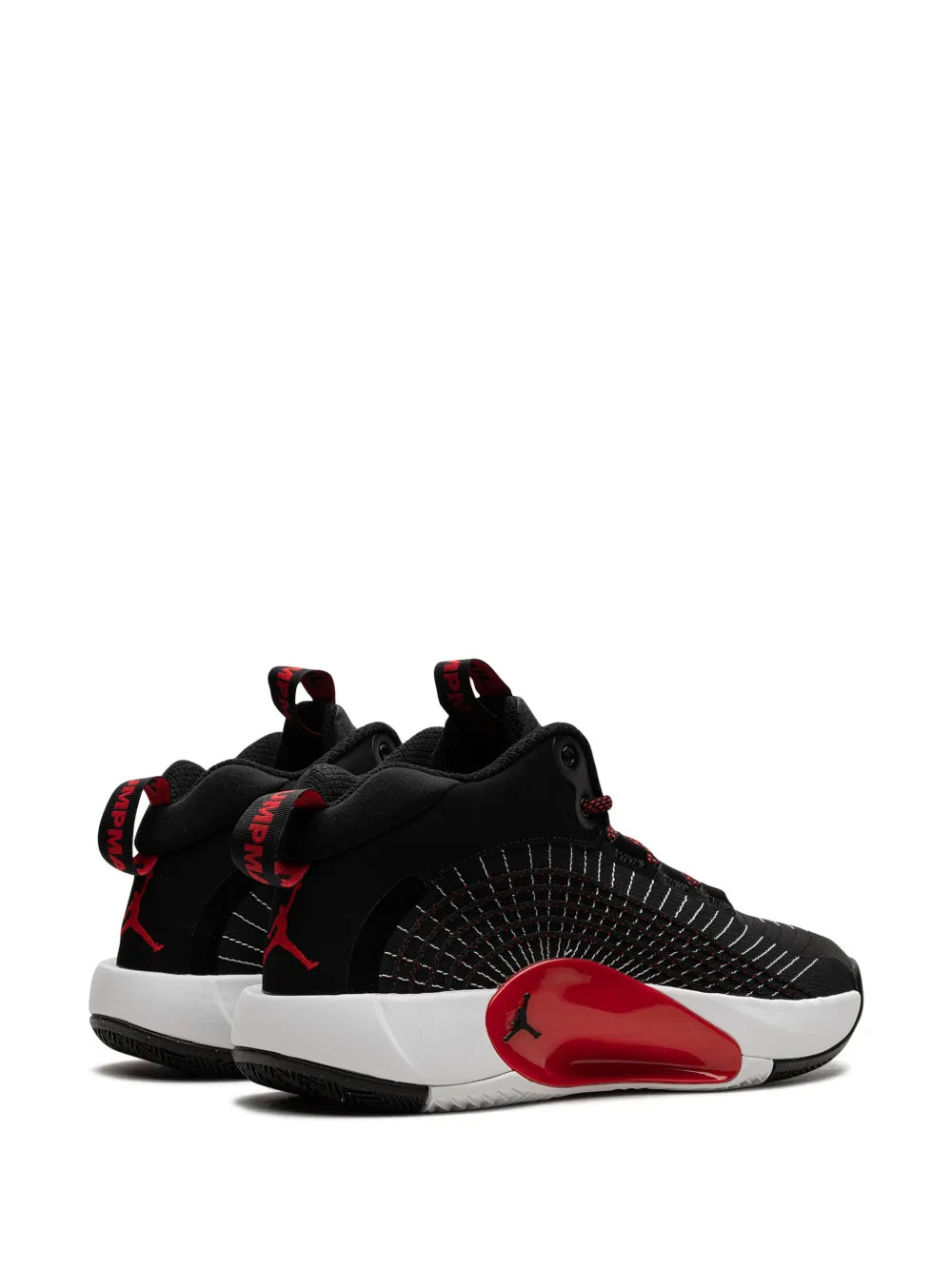 Black high-top sneakers with red heel pull tabs, mesh panels, and white midsole