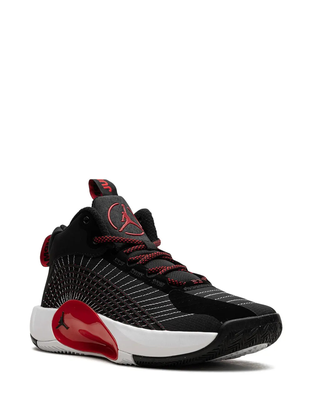Black high-top sneakers with red heel logo, mesh upper, and white sole