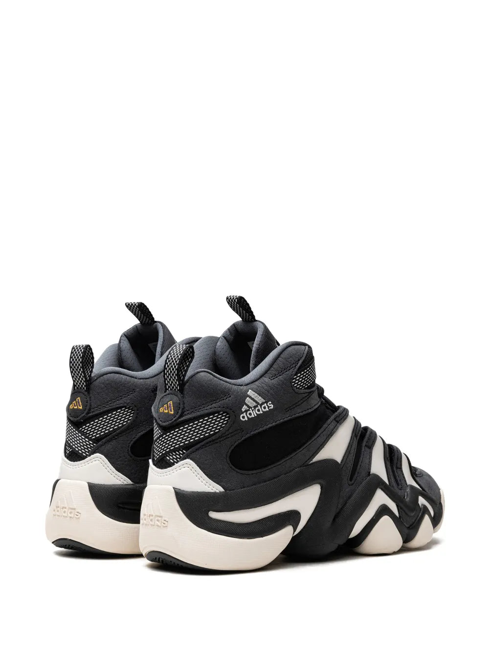 Black adidas high-top sneaker pair, lace-up with textured panels and white outsole