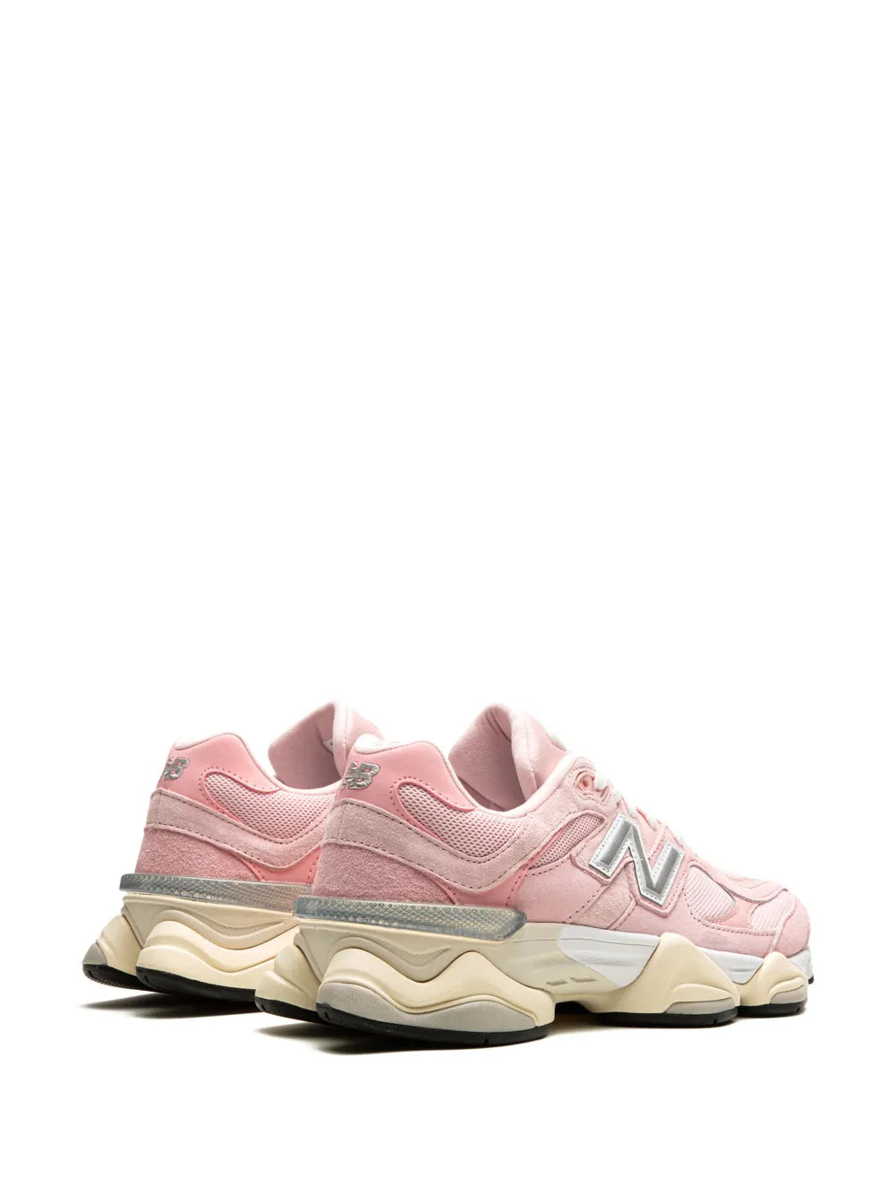 New Balance 9060 light pink sneakers, rear/side angle with cushioned midsole