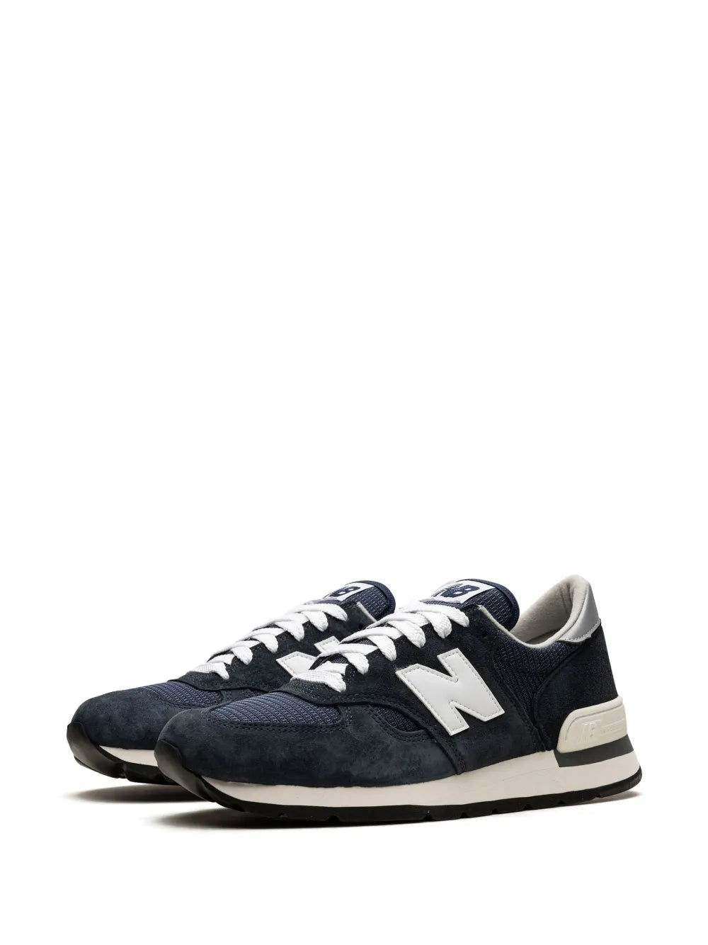 Navy New Balance 990 V1 sneakers, white laces, front and side logo details