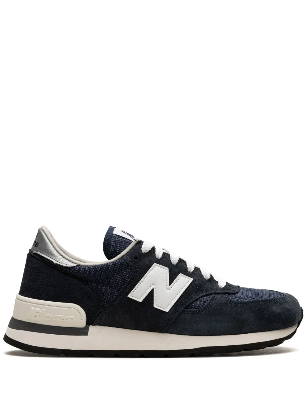 New Balance 990 V1 navy suede sneakers, white N logo, laces, cream heel panel