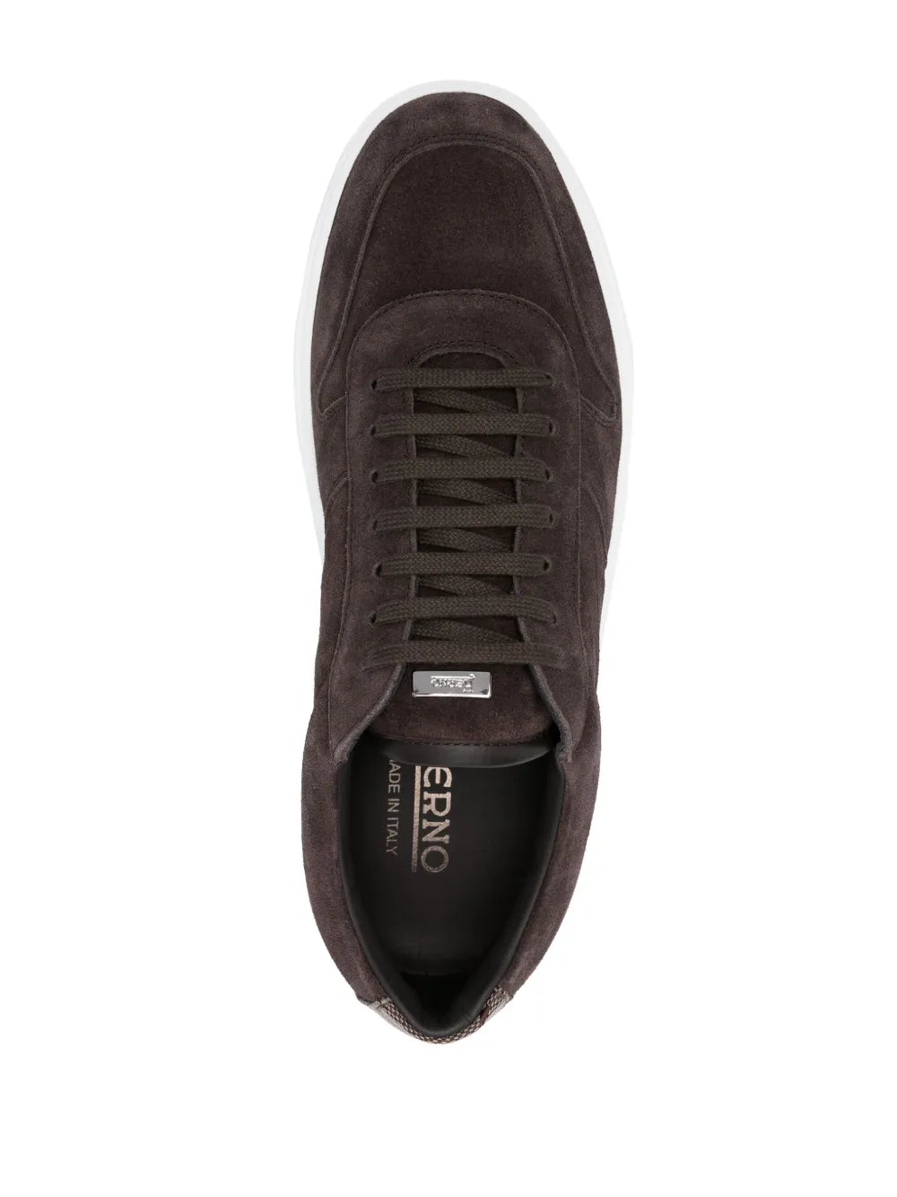 Coffee brown suede sneaker with lace-up front and Herno logo in insole