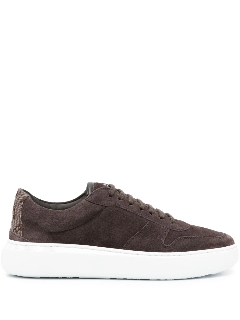 Coffee brown suede sneakers with subtle monogram pattern and white rubber sole