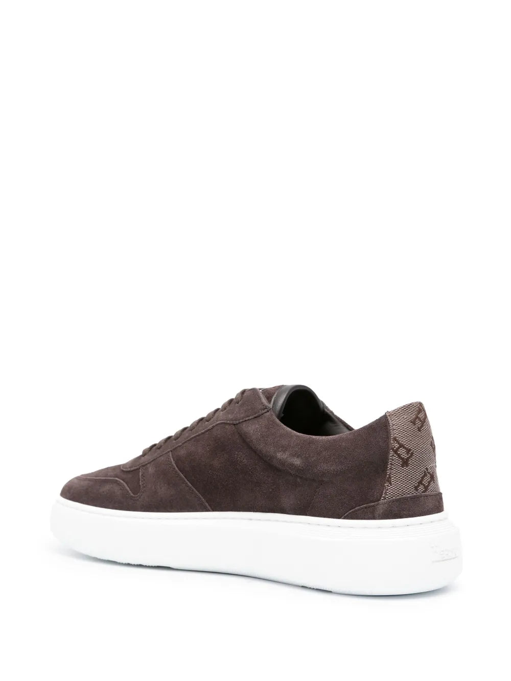 Coffee brown suede sneakers with monogram pattern at heel and white rubber sole