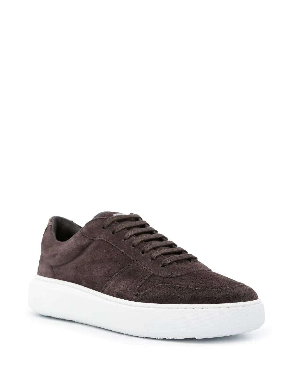 Coffee brown suede sneakers, lace-up with white sole