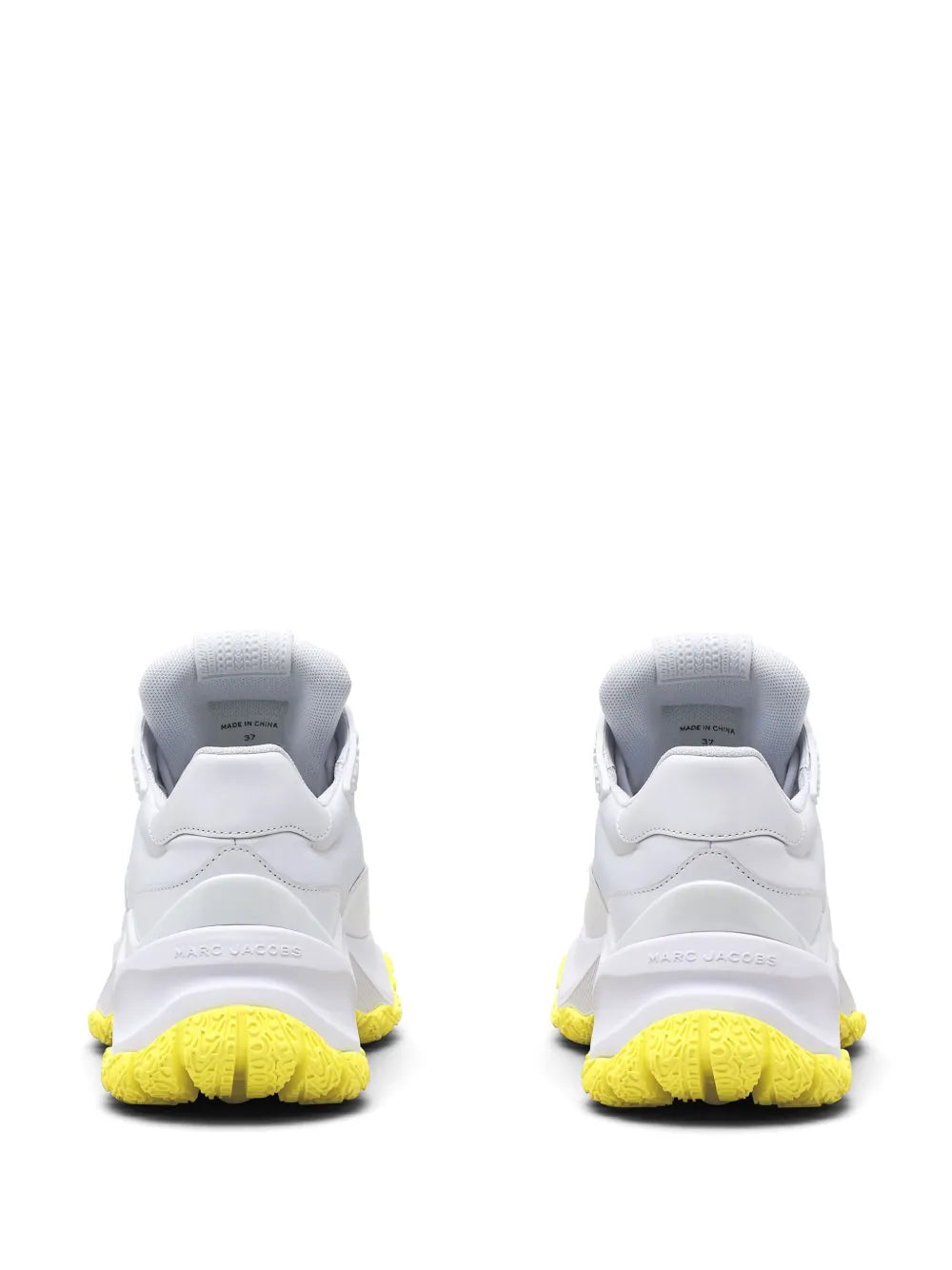 Marc Jacobs optical white sneakers back view with citron yellow underfoot sole