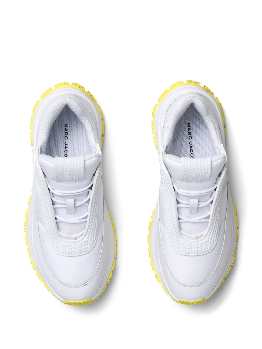 Marc Jacobs optical white sneakers showing interior and citron yellow rim