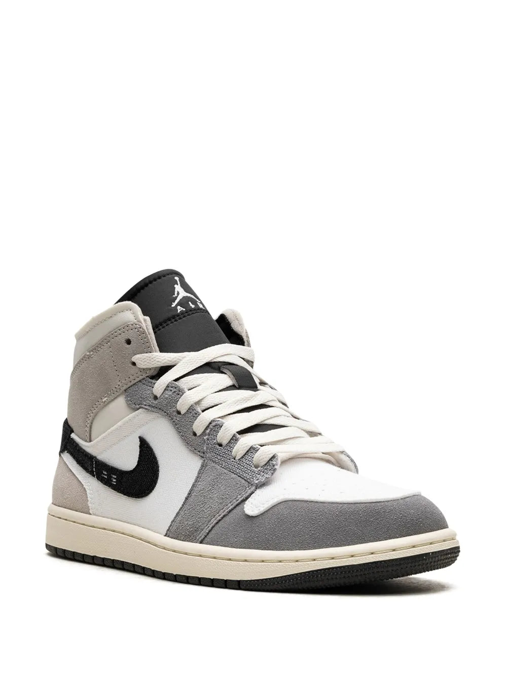Side view mid-top sneakers in white and gray with black Swoosh and off-white laces