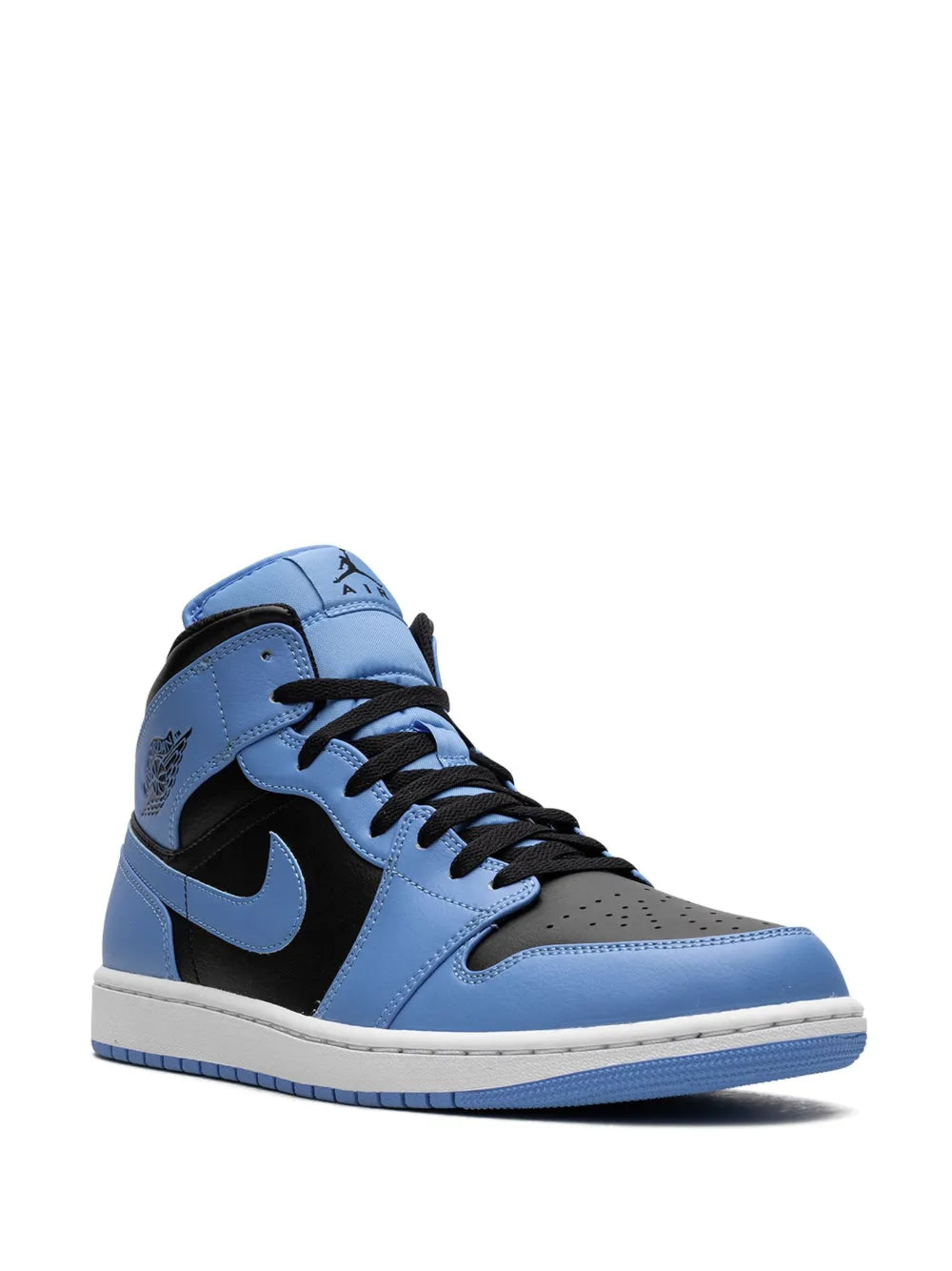 Air Jordan 1 Mid sneakers, blue and black lace-up side view