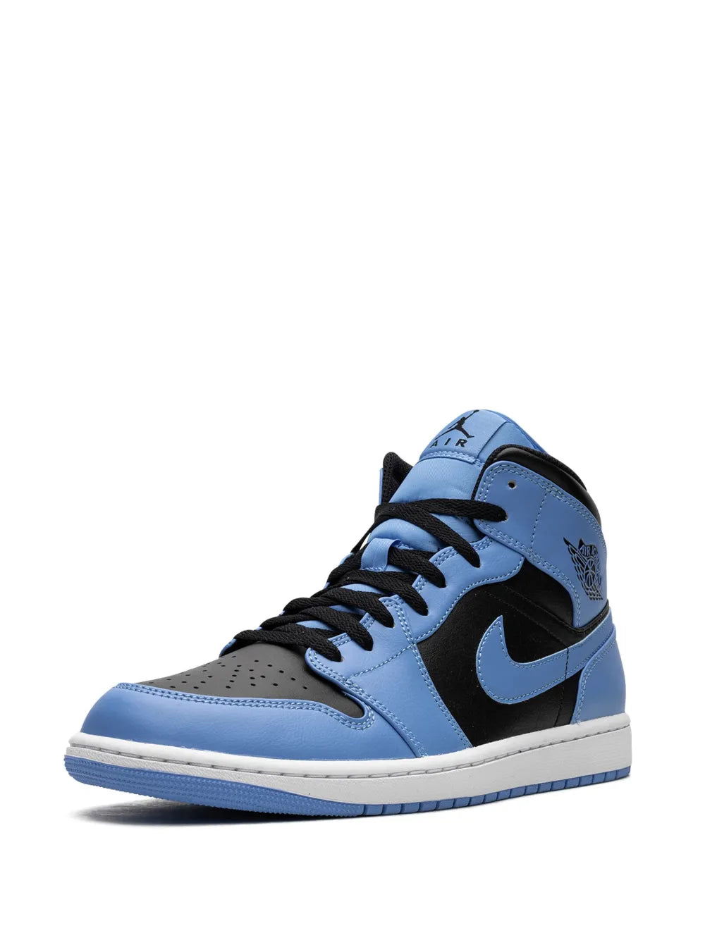Air Jordan 1 Mid sneakers, front three-quarter view in blue and black