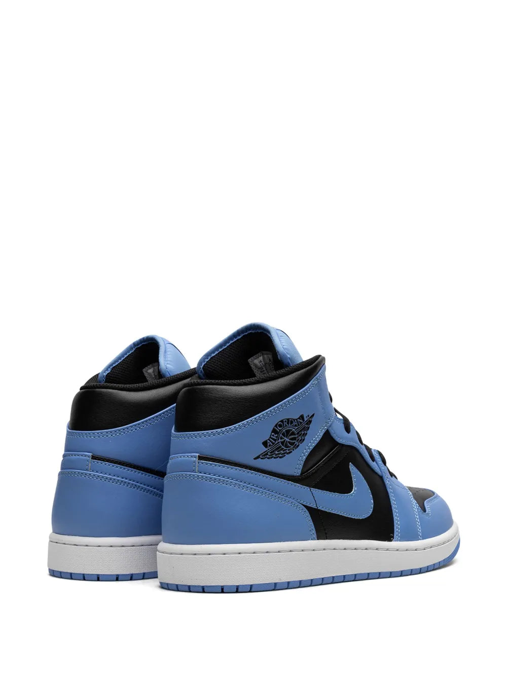 Air Jordan 1 Mid sneakers, rear view with heel and blue panels, lace-up
