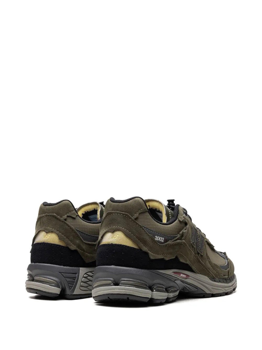 Dark Moss New Balance 2002R sneakers, padded heel collar, rear three-quarter view
