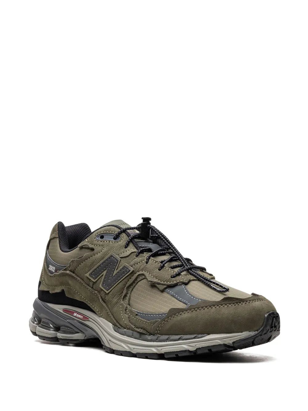 Dark Moss New Balance 2002R sneakers, 'N' logo, lace-up with cushioned sole