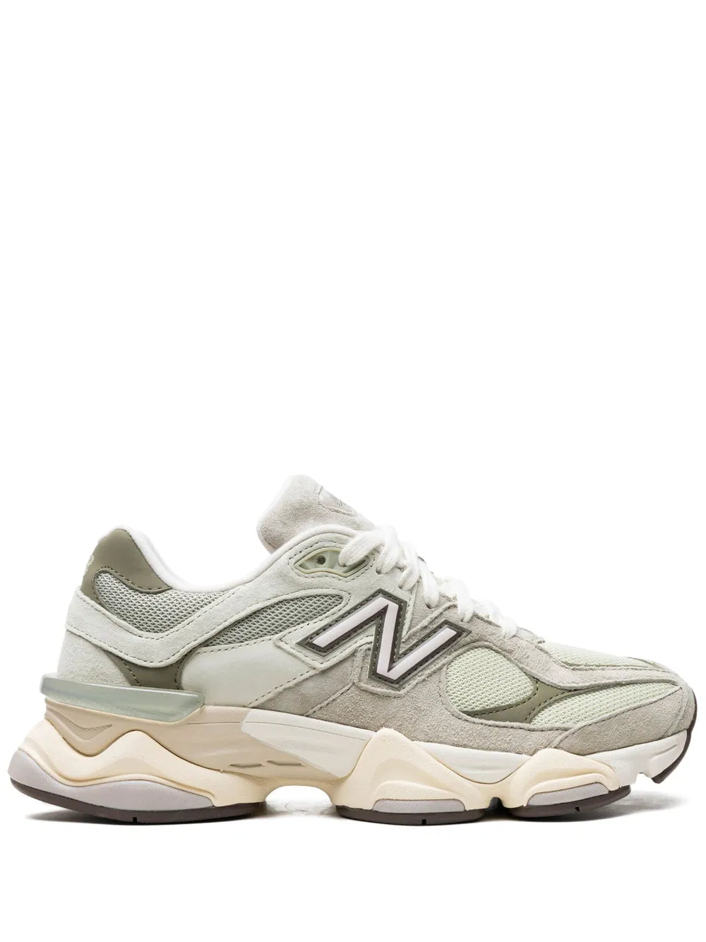 New Balance 9060 lace-up sneakers, light green and grey with cream midsole