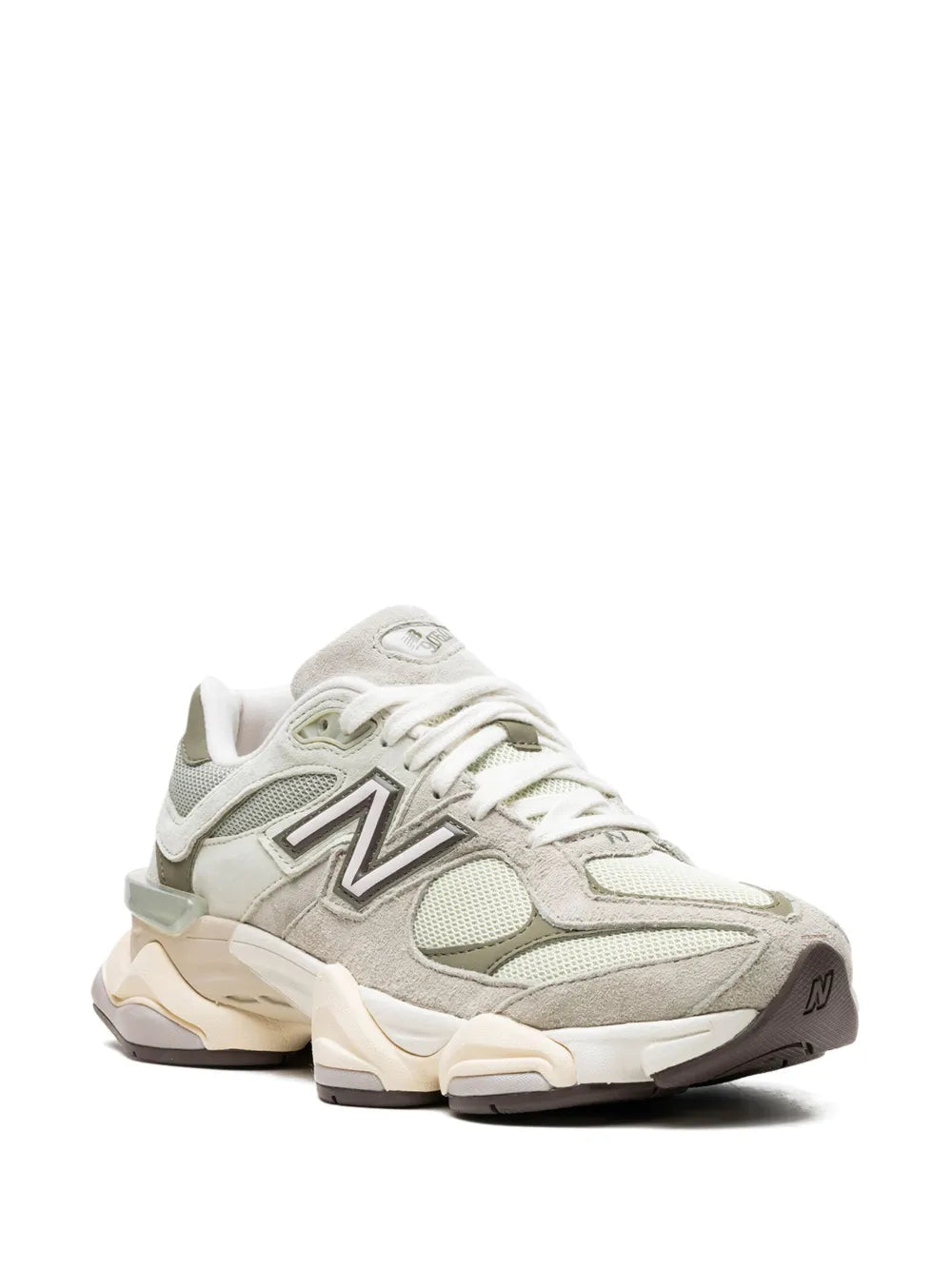 New Balance 9060 lace-up sneakers with N logo, light grey and pale green panels