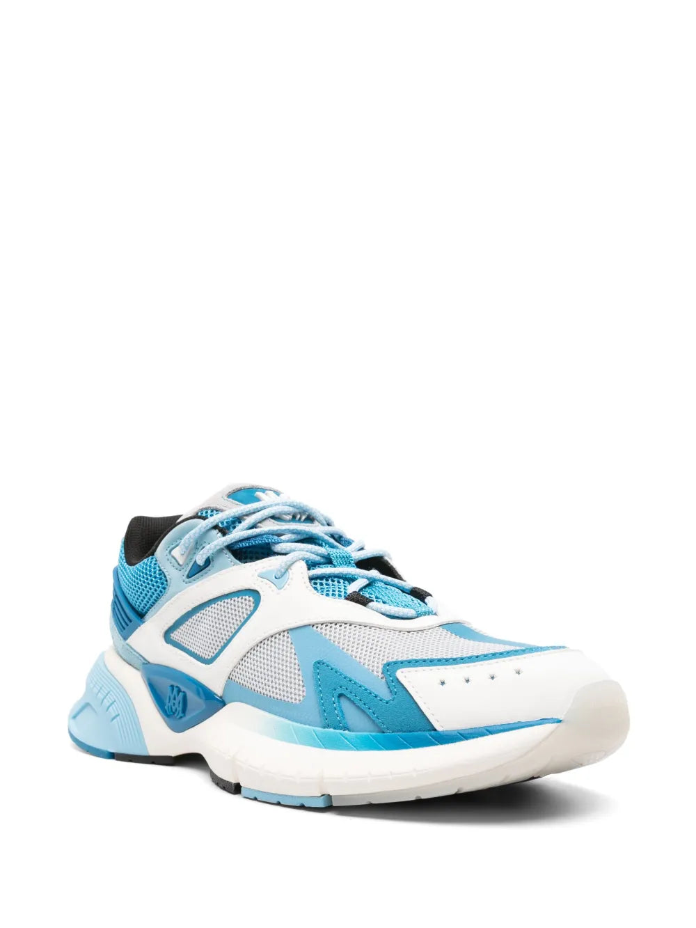 Low-top lace-up sneakers with blue mesh panels, white overlays, chunky rubber sole
