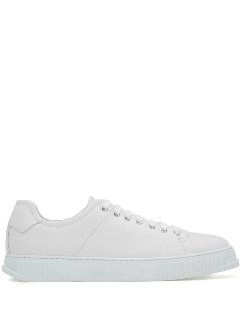 White Ferragamo lace-up leather sneakers with low-profile rubber sole