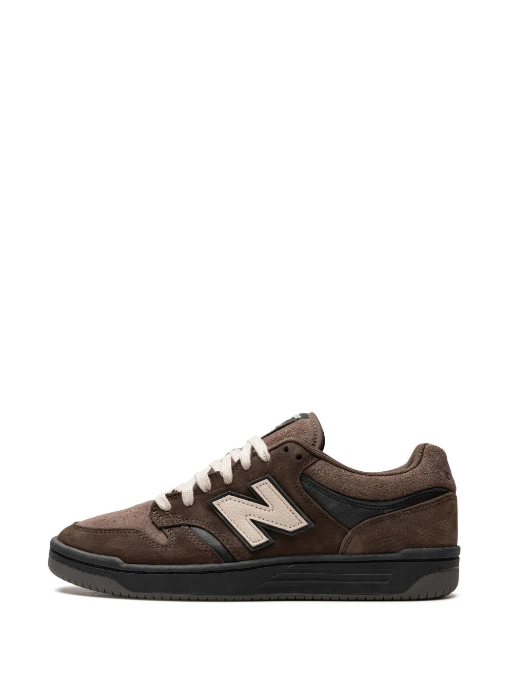 Brown New Balance 480 sneaker with white laces and N logo, side profile.