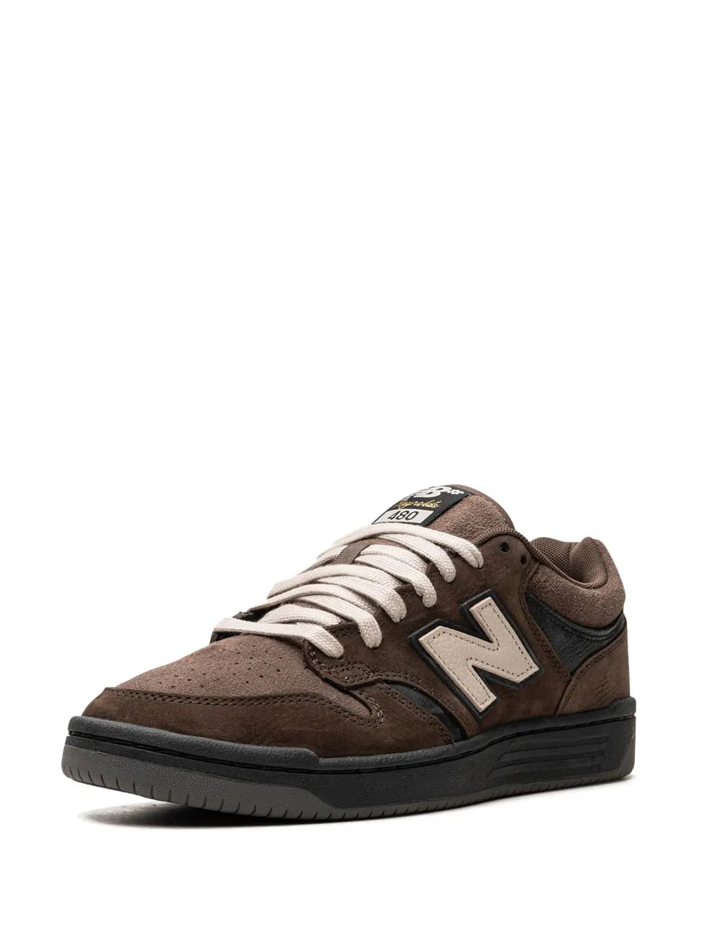 Brown New Balance 480 sneaker with white laces and N logo, front three-quarter view.