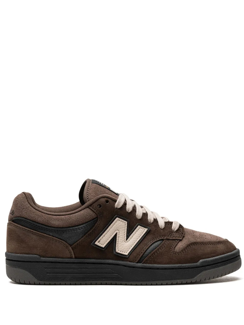 Brown New Balance 480 sneakers with white laces and large N logo, side view.