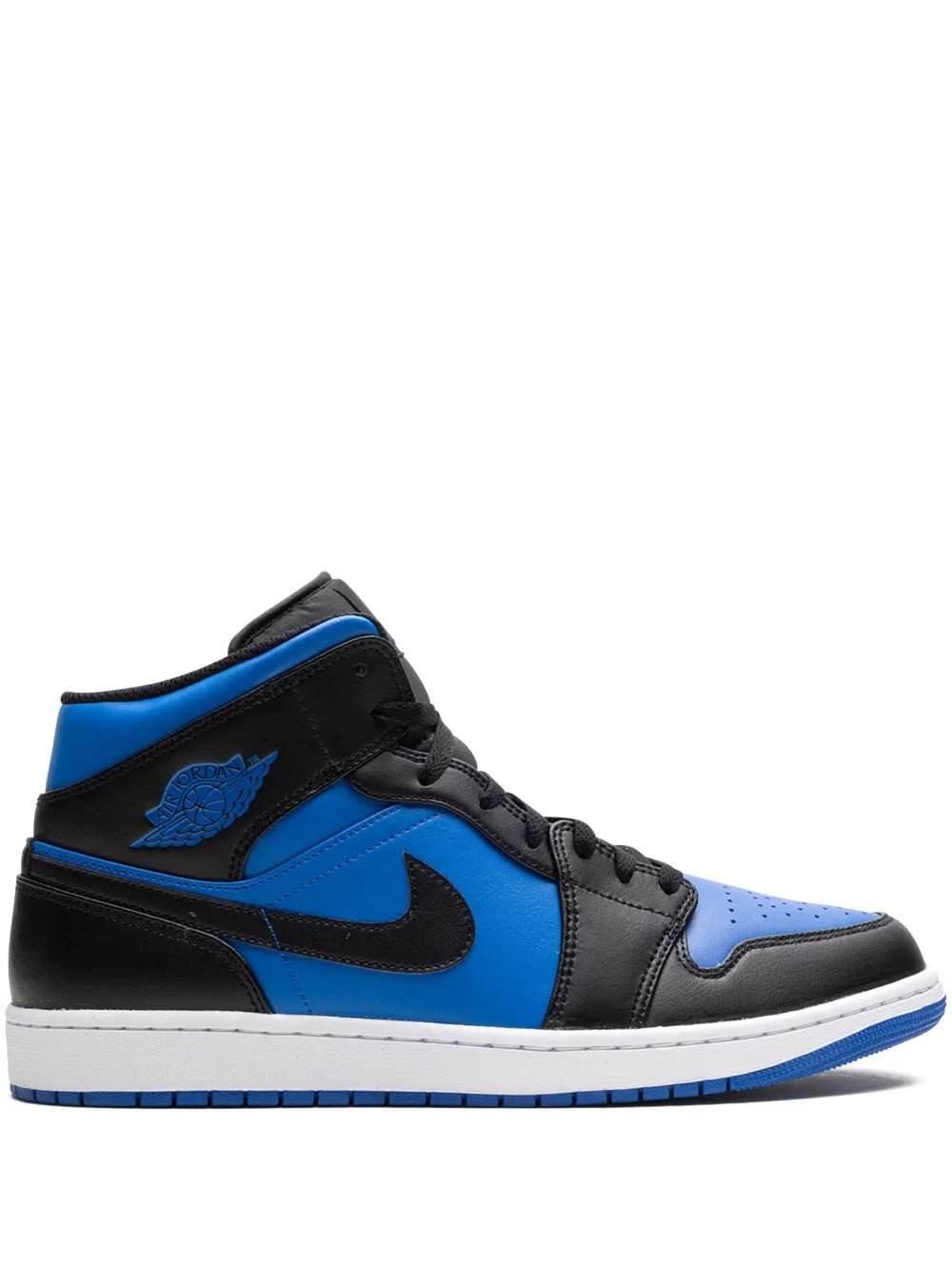 Mid-top sneakers in black and varsity royal with swoosh and wing logo