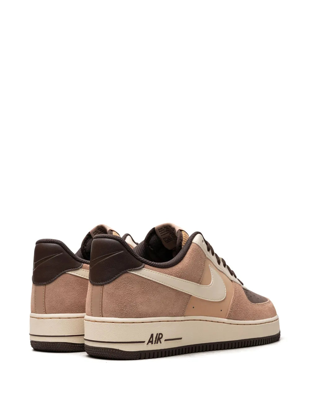 Nike Air Force 1 Low sneakers, rear view with tan panels and dark heel collar
