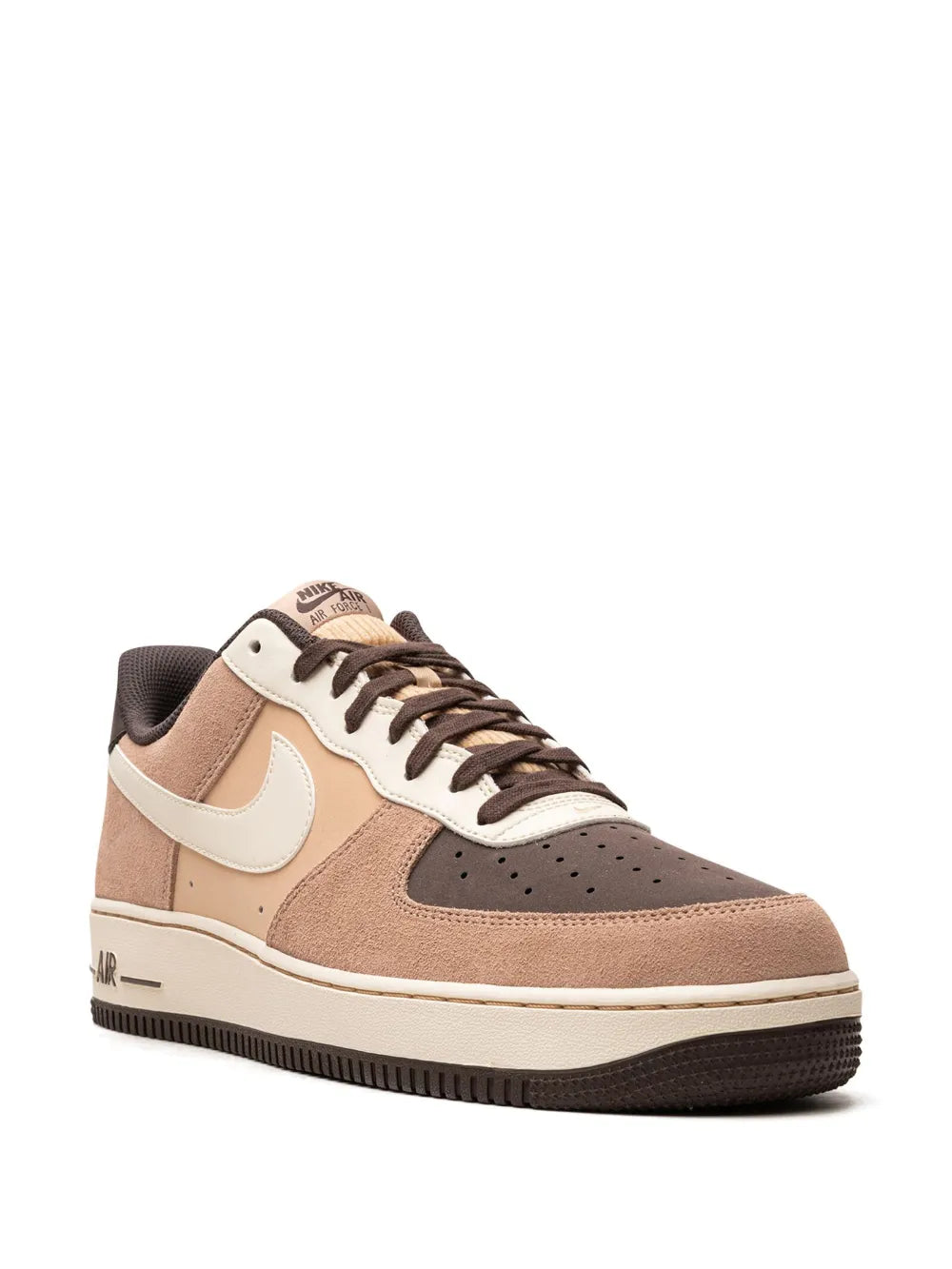 Nike Air Force 1 Low sneakers, light tan suede upper with white swoosh and dark laces